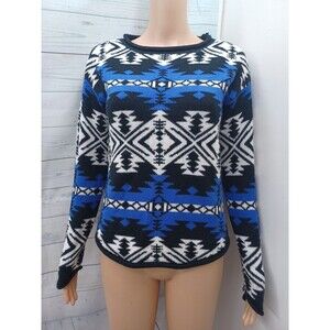 Confess Blue Cozy Aztec South-Western Geometric Sweater Womens M